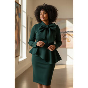 4517) Tally Taylor forest Green Bow Peplum Church Formal Dress Sz 14